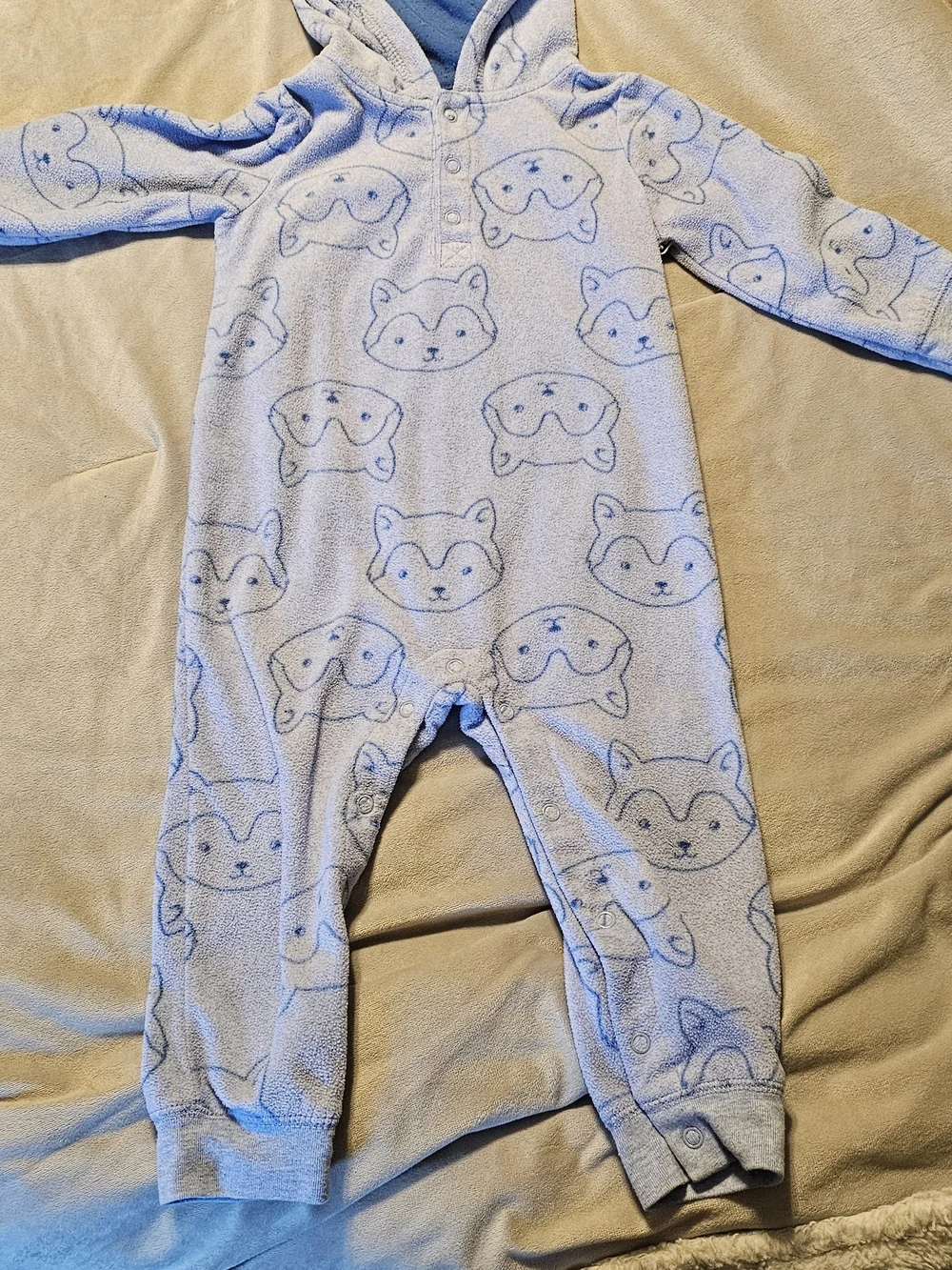 Carter's Light Blue Fleece Hooded One-Piece with Fox Faces